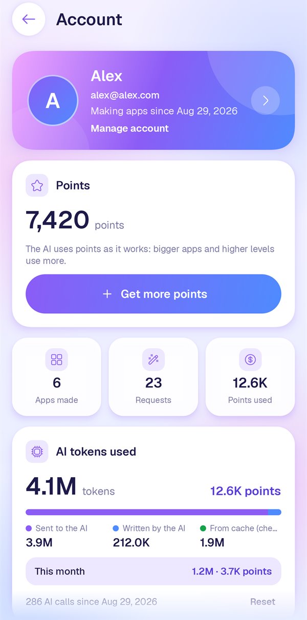 The Account screen with the points balance, apps made, requests, points used and AI tokens used.
