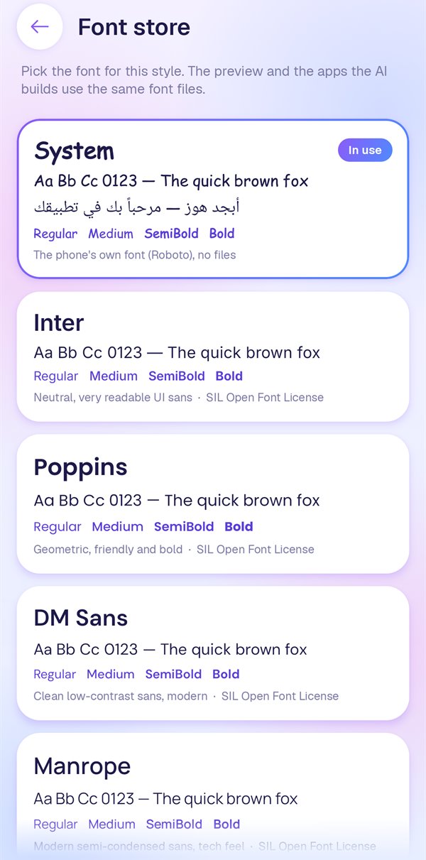 The Font store showing System, Inter, Poppins, DM Sans and Manrope with sample text in English and Arabic.