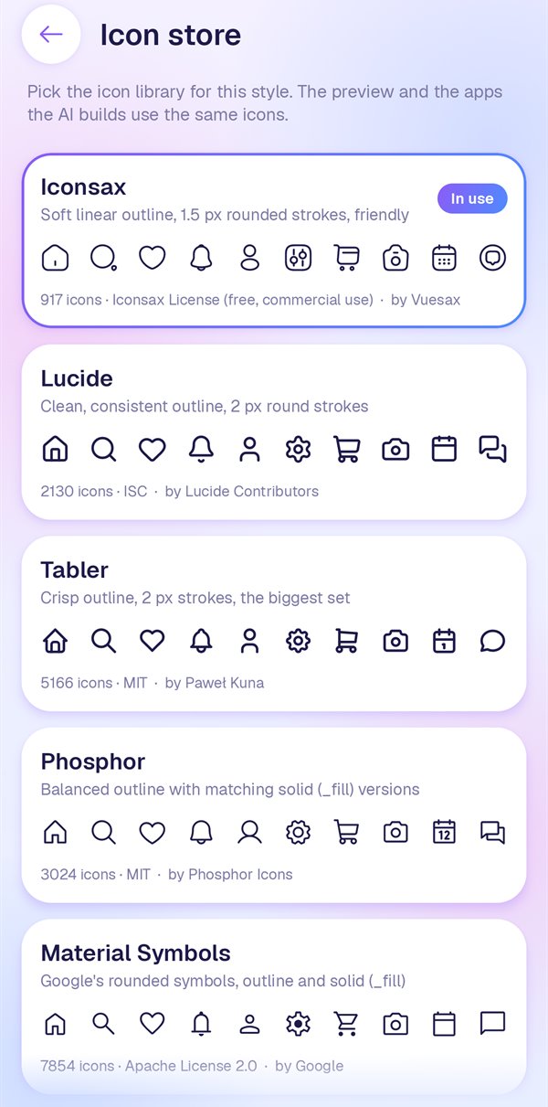 The Icon store listing Iconsax, Lucide, Tabler, Phosphor and Material Symbols, each with sample icons and its license.