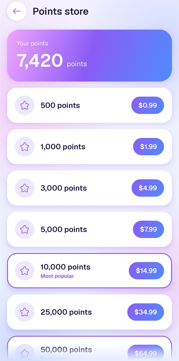 The Points store with packs from 500 to 50,000 points.