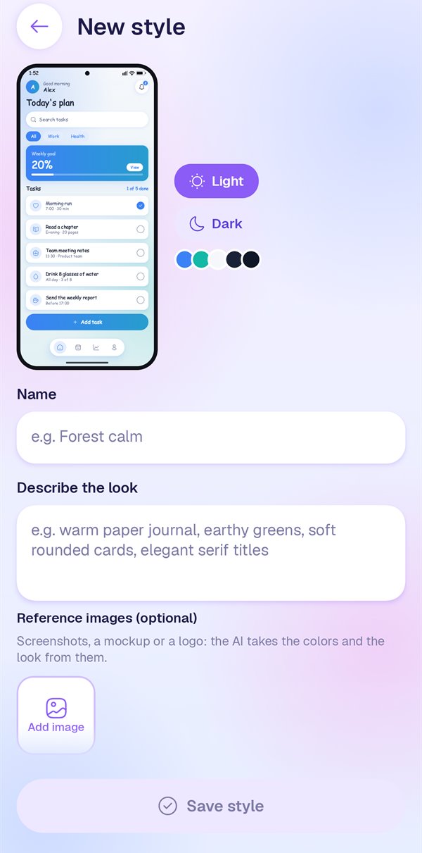 The New style screen with a live phone preview, light and dark switches, a color palette and fields for the name and description.