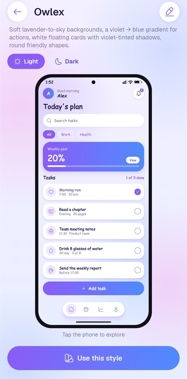 Owlex Builder showing a design style previewed live on a sample to-do app, with light and dark modes.