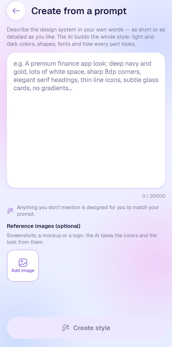 The Create from a prompt screen, with a text box to describe a design system and an option to add reference images.