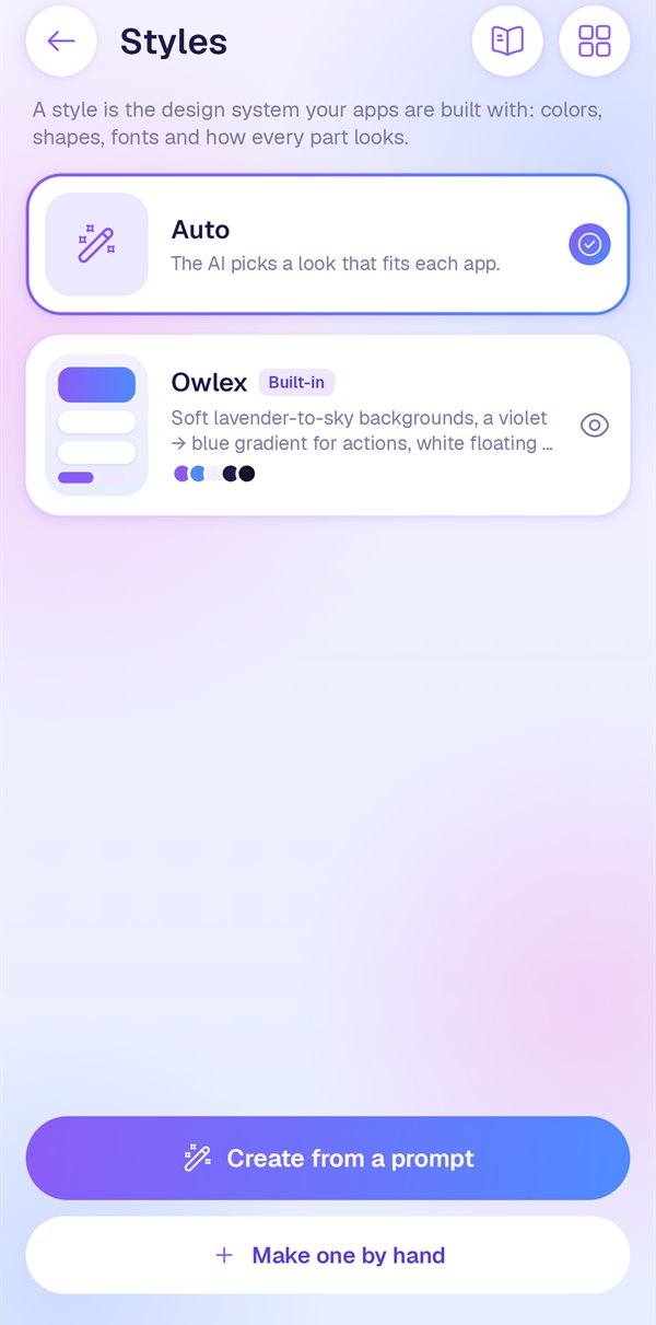 The Styles screen with the Auto option selected and the built-in Owlex style.