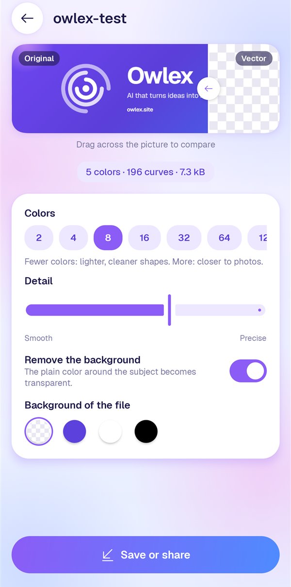 The Owlex SVG editor: the Owlex banner with the original on the left and the vector on the right of a draggable line, 5 colors, 196 curves, 7.3 kB, and the color, detail and background settings.
